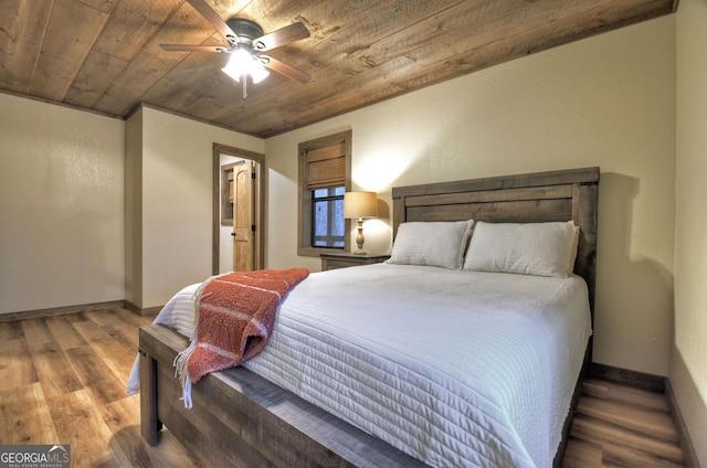 bedroom featuring hardwood / wood-style flooring, wooden ceiling, and ceiling fan