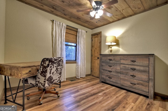 office area featuring wood ceiling, light hardwood / wood-style floors, and ceiling fan