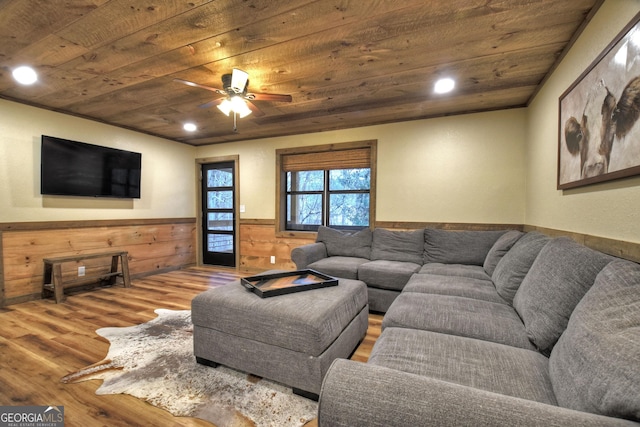 living room with wood ceiling, ceiling fan, and hardwood / wood-style flooring