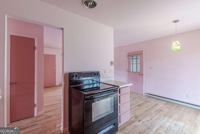 kitchen featuring black range with electric stovetop, pendant lighting, light hardwood / wood-style floors, and a baseboard radiator