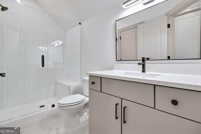 bathroom with vaulted ceiling, vanity, walk in shower, and toilet