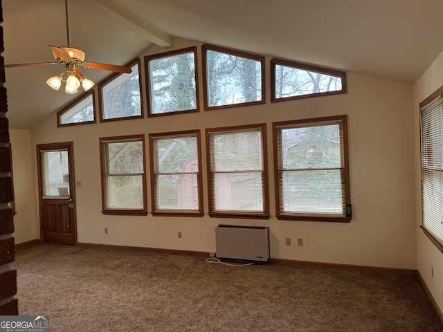 interior space featuring ceiling fan, beam ceiling, and high vaulted ceiling