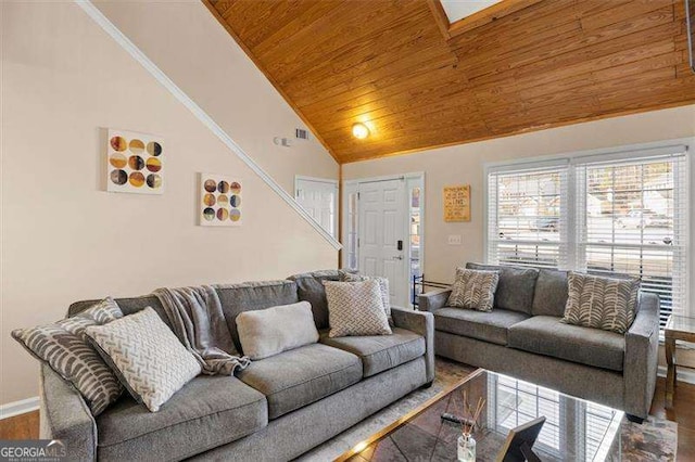 living room with hardwood / wood-style flooring, wooden ceiling, and high vaulted ceiling