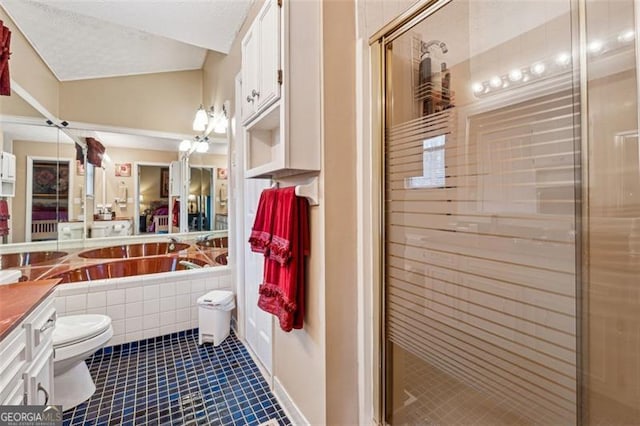 full bathroom featuring lofted ceiling, vanity, plus walk in shower, and tile patterned flooring