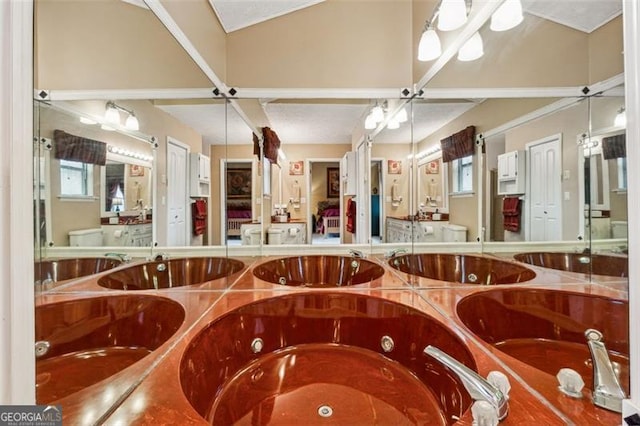 bathroom with lofted ceiling and toilet