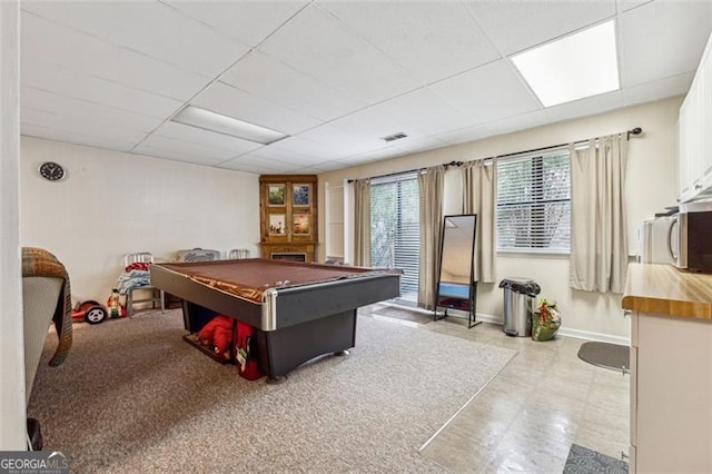 rec room with pool table and a drop ceiling