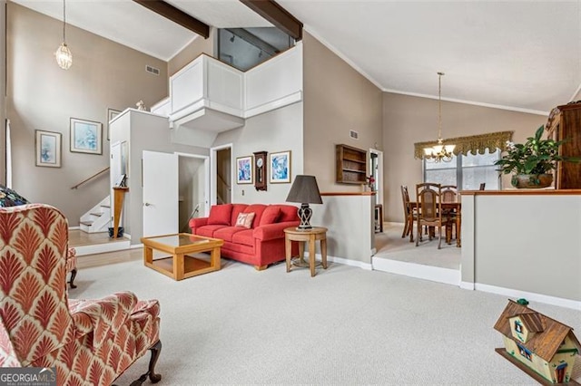 living room with crown molding, high vaulted ceiling, light carpet, and a chandelier