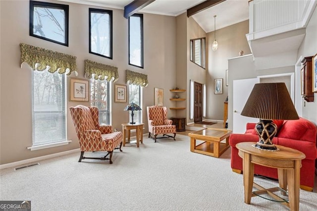 living area with carpet flooring and beam ceiling