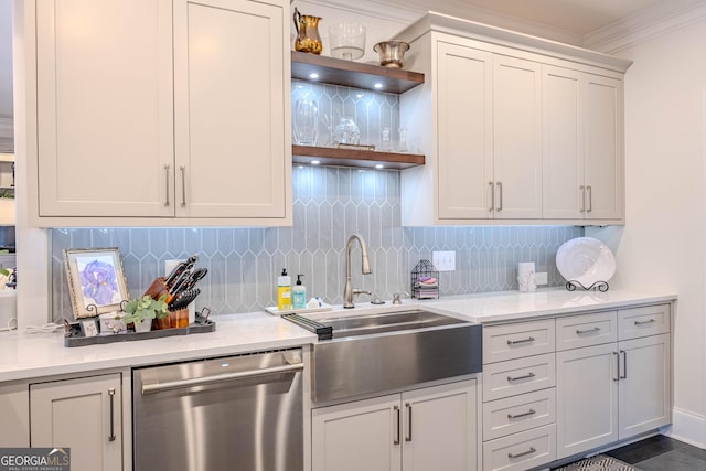 kitchen with dishwasher, sink, ornamental molding, and decorative backsplash