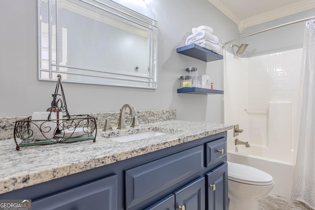 full bathroom with ornamental molding, vanity, shower / tub combo with curtain, and toilet