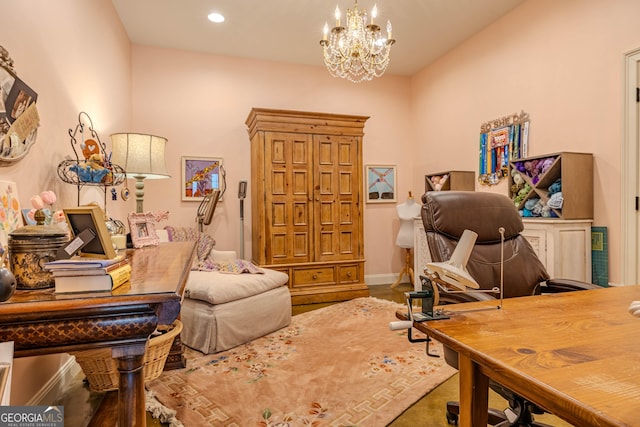 home office featuring a notable chandelier