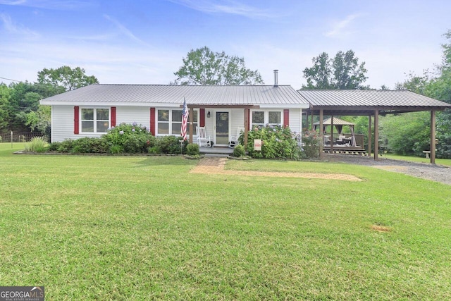 single story home with a front lawn and a porch