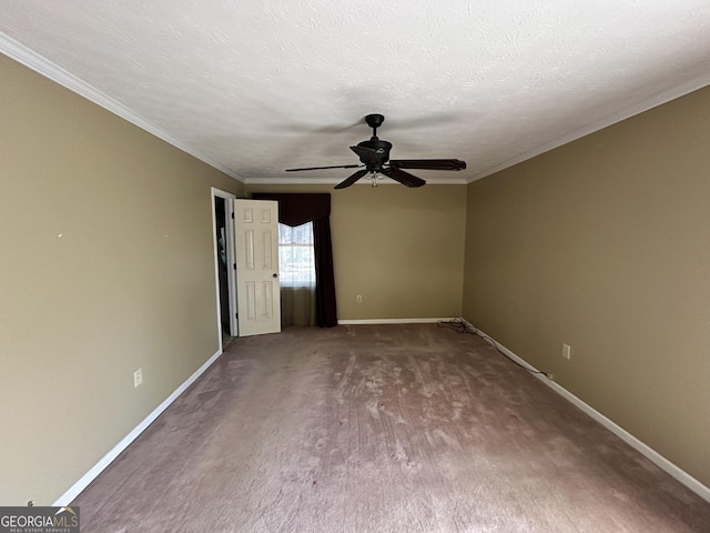 unfurnished room featuring ceiling fan, ornamental molding, and a textured ceiling