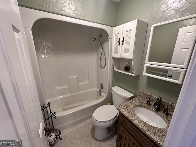 full bathroom with vanity, bathtub / shower combination, and toilet