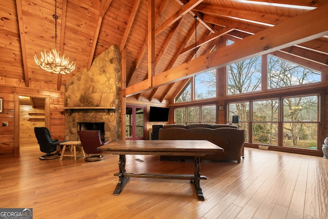 living room featuring an inviting chandelier, a stone fireplace, light wood-type flooring, wooden ceiling, and wood walls