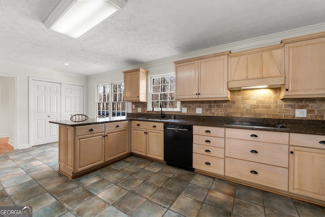 kitchen featuring sink, decorative backsplash, black appliances, and kitchen peninsula