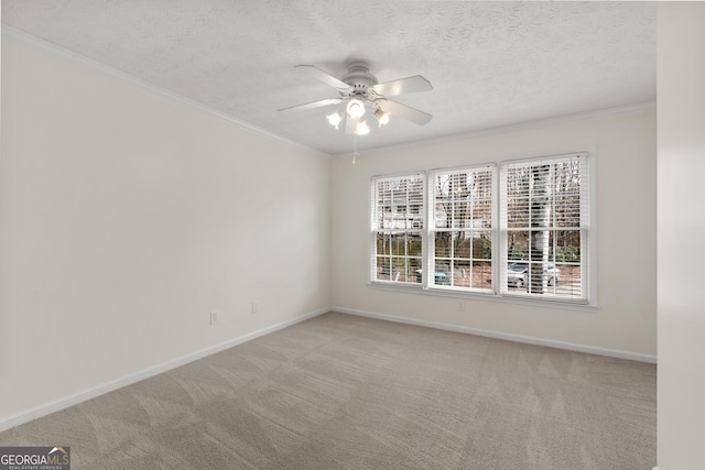 carpeted spare room featuring ceiling fan, ornamental molding, and a textured ceiling