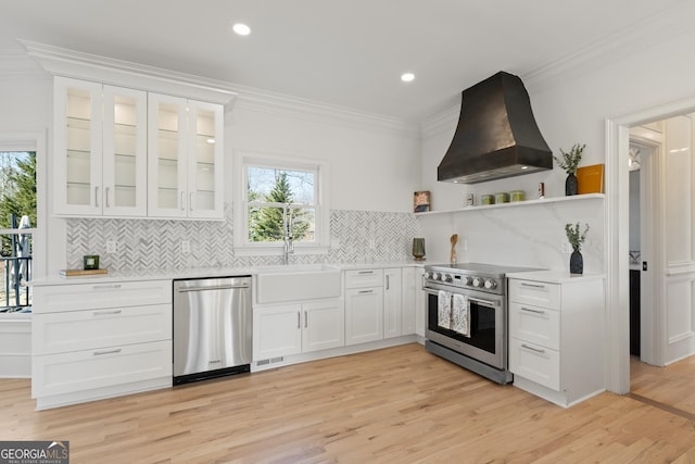 kitchen featuring ornamental molding, stainless steel appliances, custom range hood, and white cabinets