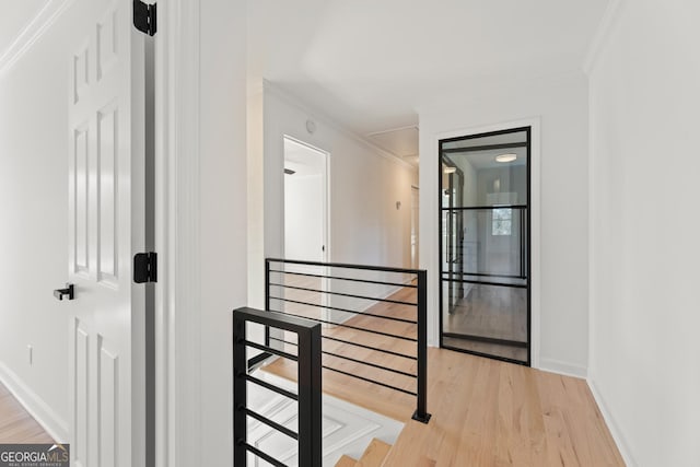 hall with light hardwood / wood-style flooring and ornamental molding