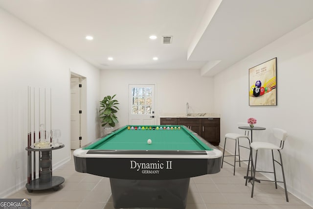 recreation room featuring pool table, sink, and light tile patterned floors