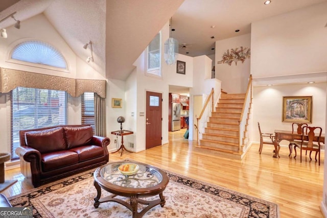 living room featuring high vaulted ceiling and light hardwood / wood-style floors