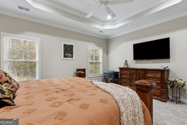 carpeted bedroom featuring crown molding, a tray ceiling, and ceiling fan