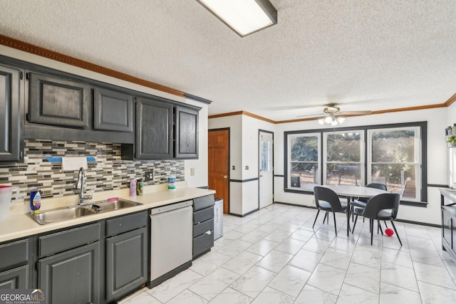 kitchen with sink, decorative backsplash, ornamental molding, ceiling fan, and white dishwasher