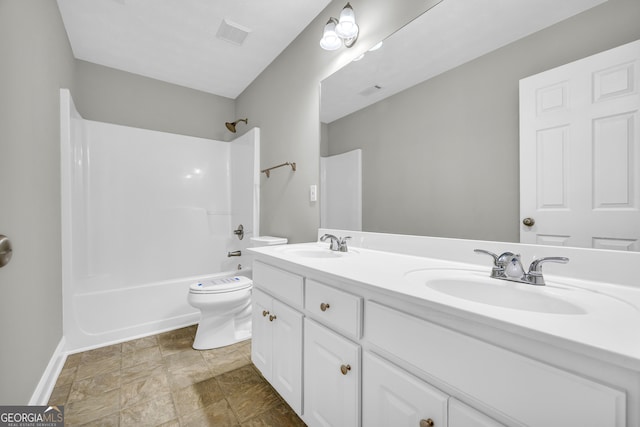 full bathroom with  shower combination, toilet, and vanity