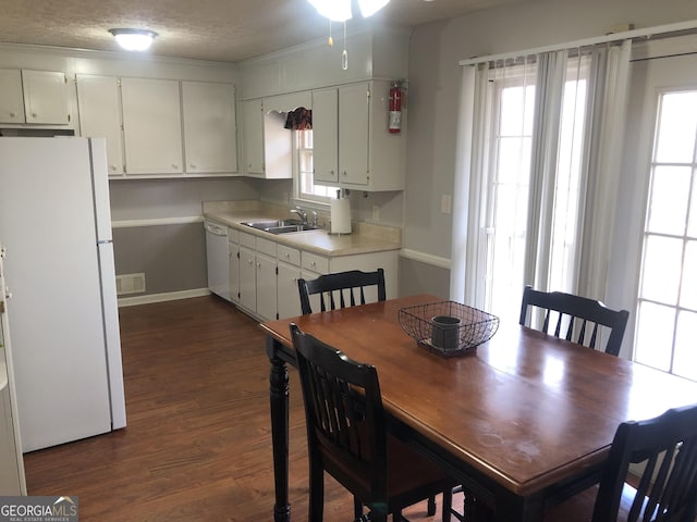 dining room featuring sink, a wealth of natural light, a textured ceiling, and dark hardwood / wood-style floors