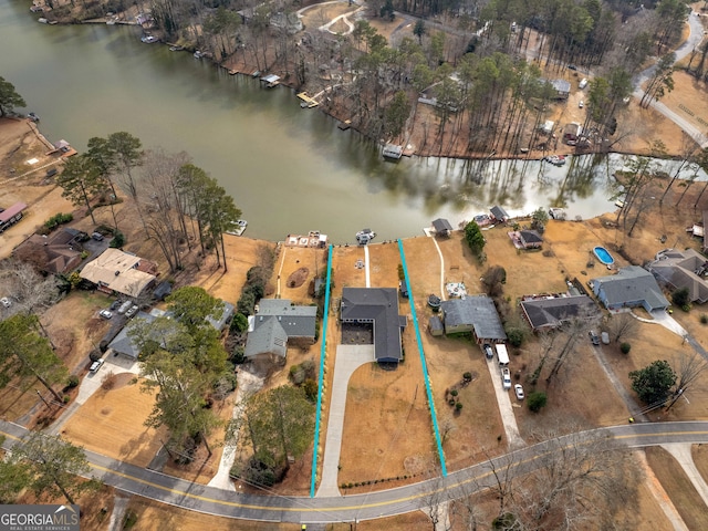 aerial view featuring a water view