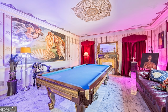 rec room with ornamental molding and billiards