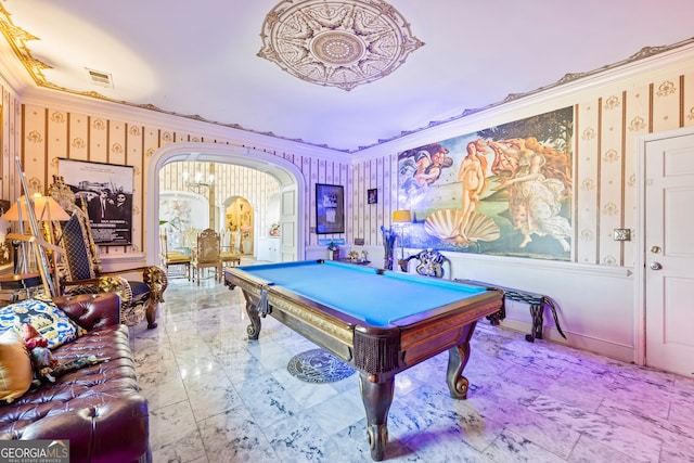 game room featuring crown molding and pool table