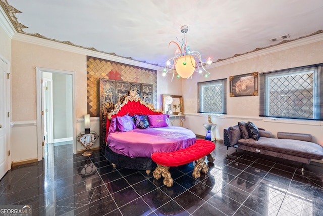 bedroom featuring crown molding and a chandelier