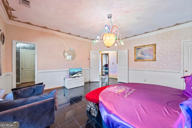 bedroom with ornamental molding, dark tile patterned flooring, and a notable chandelier