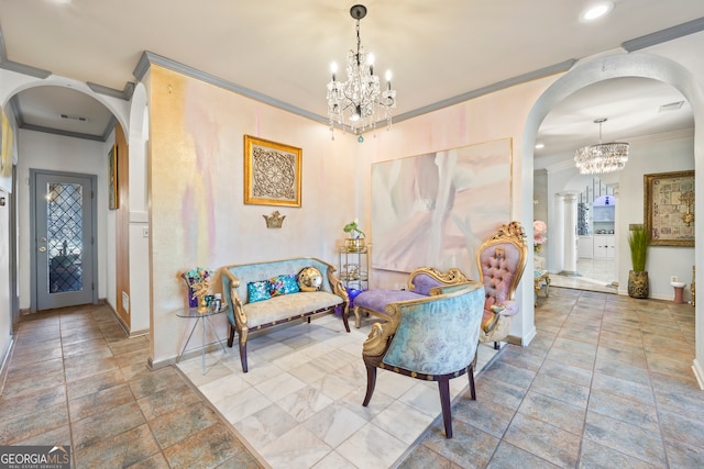 interior space with ornamental molding and a notable chandelier