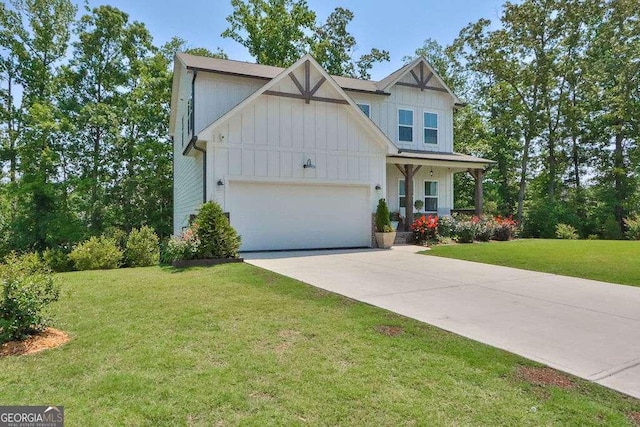 view of front of property with a porch, a garage, and a front yard