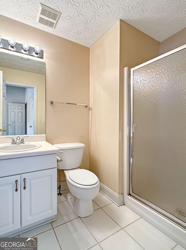 bathroom featuring a textured ceiling, tile patterned flooring, vanity, visible vents, and a shower stall