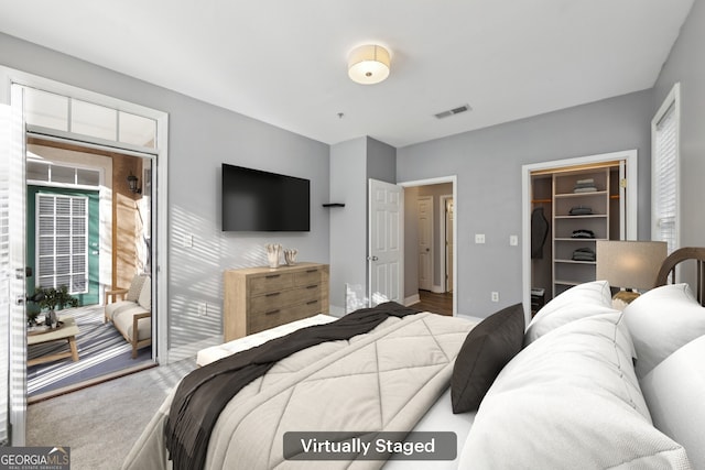 carpeted bedroom with a spacious closet and a closet