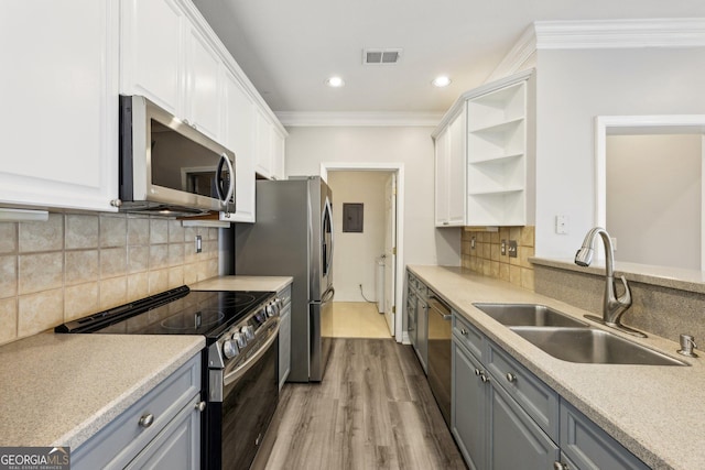 kitchen featuring stainless steel appliances, white cabinetry, sink, and gray cabinetry