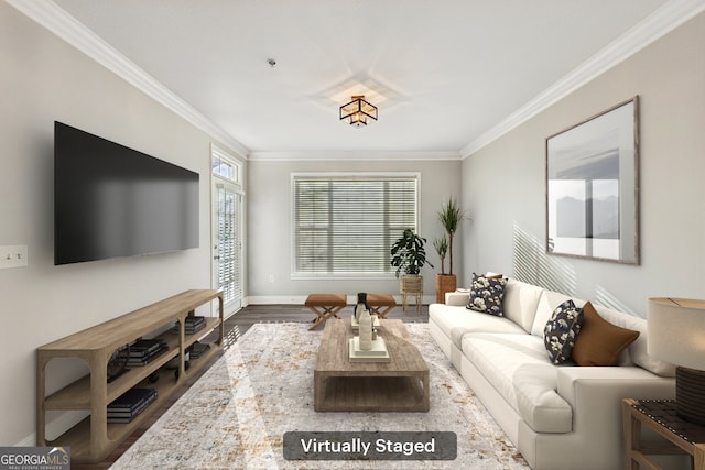 living room featuring dark hardwood / wood-style flooring and crown molding