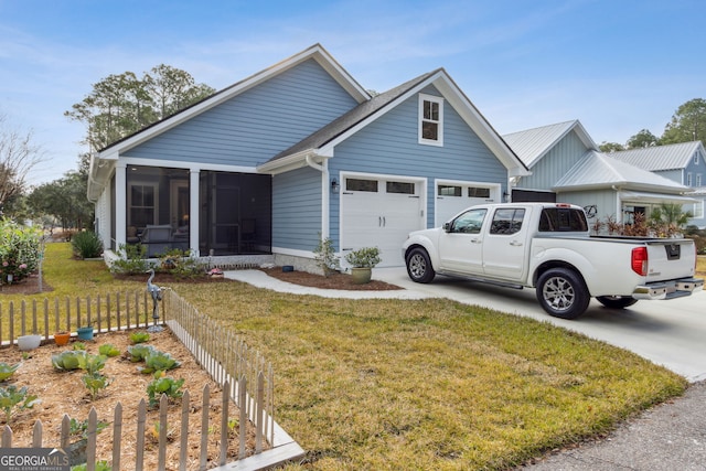 craftsman inspired home with a garage, a sunroom, and a front yard