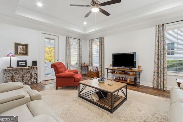 living room with crown molding, dark wood-type flooring, ceiling fan, and a tray ceiling