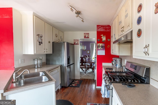 kitchen with stainless steel appliances, sink, and dark hardwood / wood-style flooring