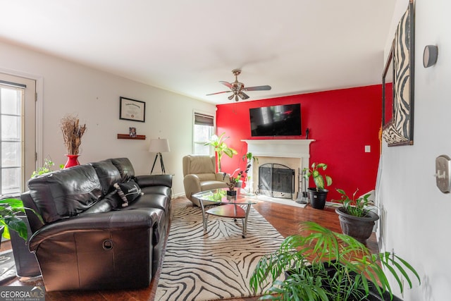 living room with ceiling fan and hardwood / wood-style floors