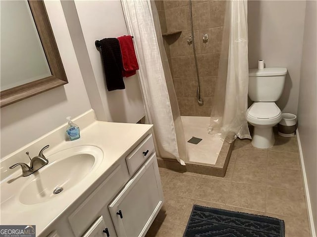 bathroom with walk in shower, vanity, toilet, and tile patterned flooring