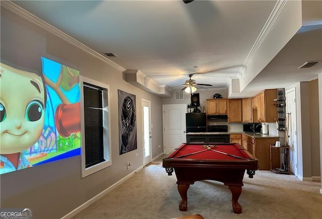 playroom with sink, ornamental molding, pool table, light colored carpet, and ceiling fan