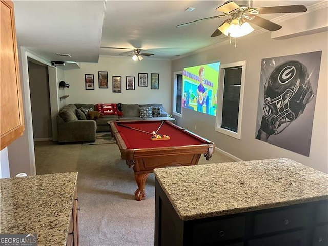 rec room featuring crown molding, pool table, ceiling fan, and carpet