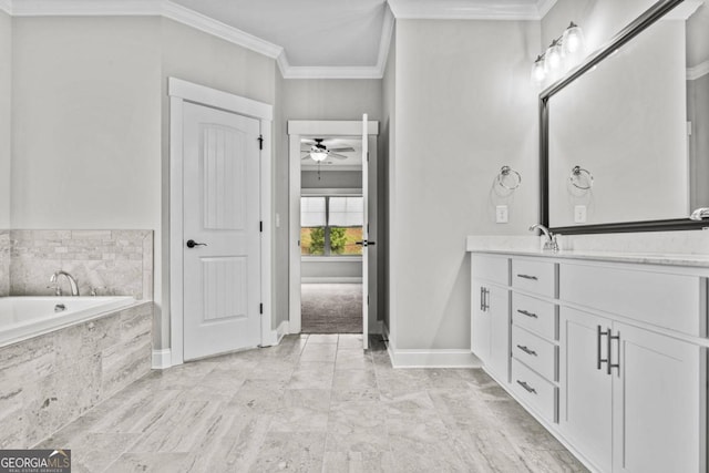 bathroom featuring vanity, a relaxing tiled tub, ceiling fan, and crown molding