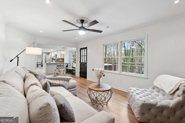 living room with crown molding, light hardwood / wood-style flooring, and ceiling fan