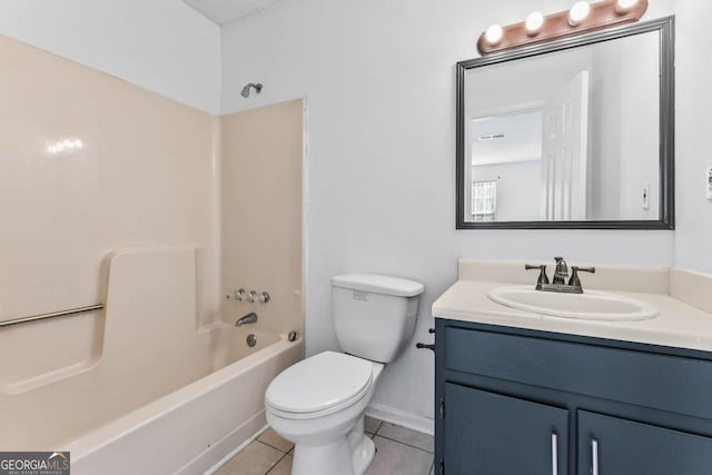 full bathroom with shower / tub combination, vanity, toilet, and tile patterned flooring